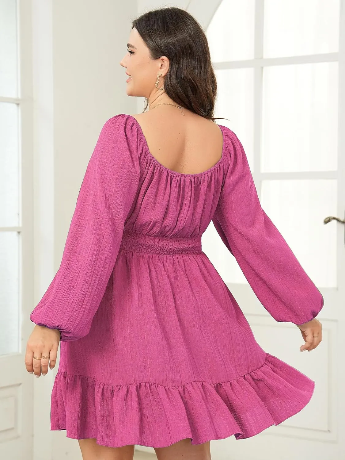 Womens Plus Size Dress Casual Long Lantern Sleeve Square Neck Textured Ruffle Flowy Ruched A-Line Mini Dresses for Women