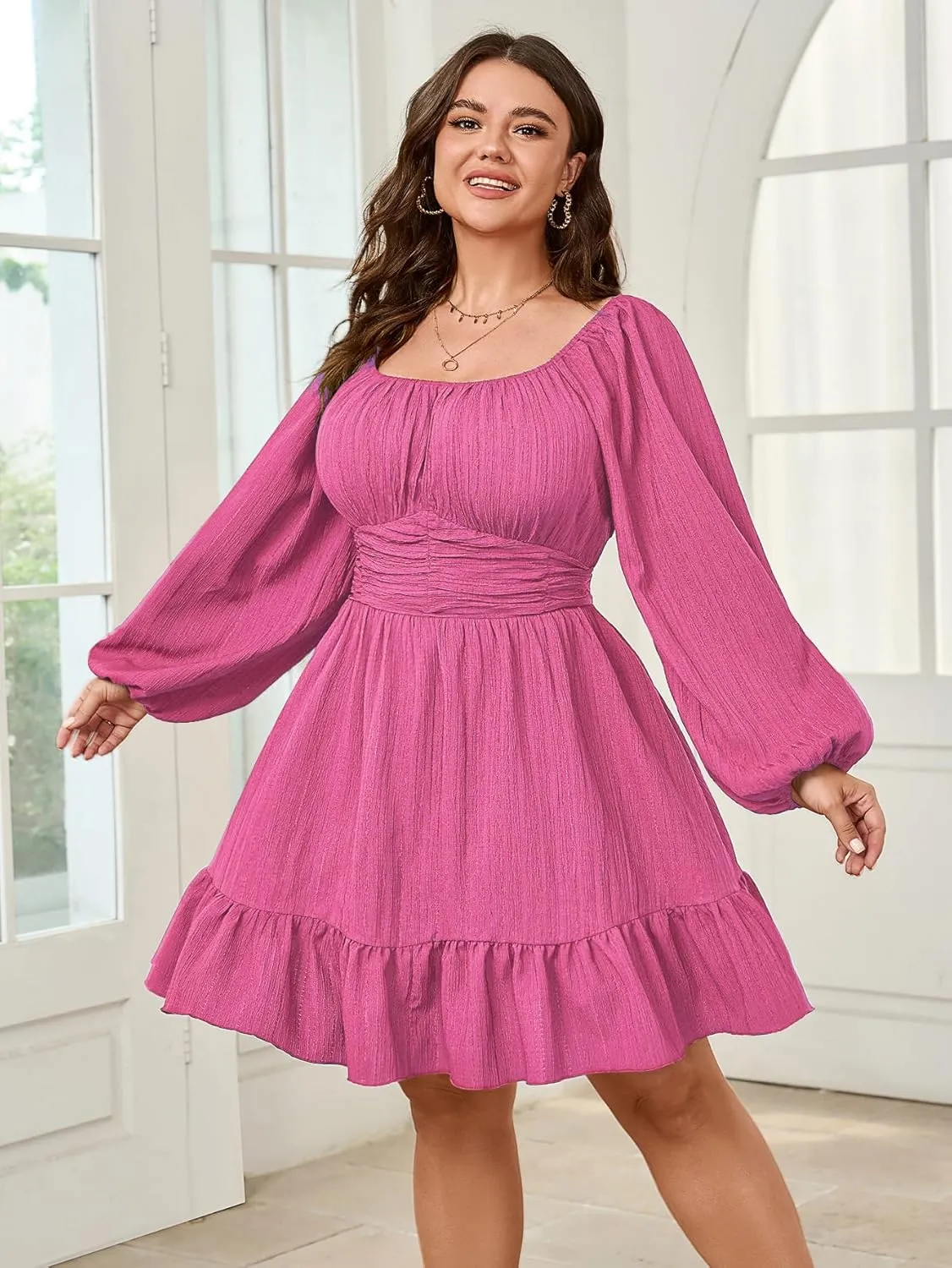 Womens Plus Size Dress Casual Long Lantern Sleeve Square Neck Textured Ruffle Flowy Ruched A-Line Mini Dresses for Women