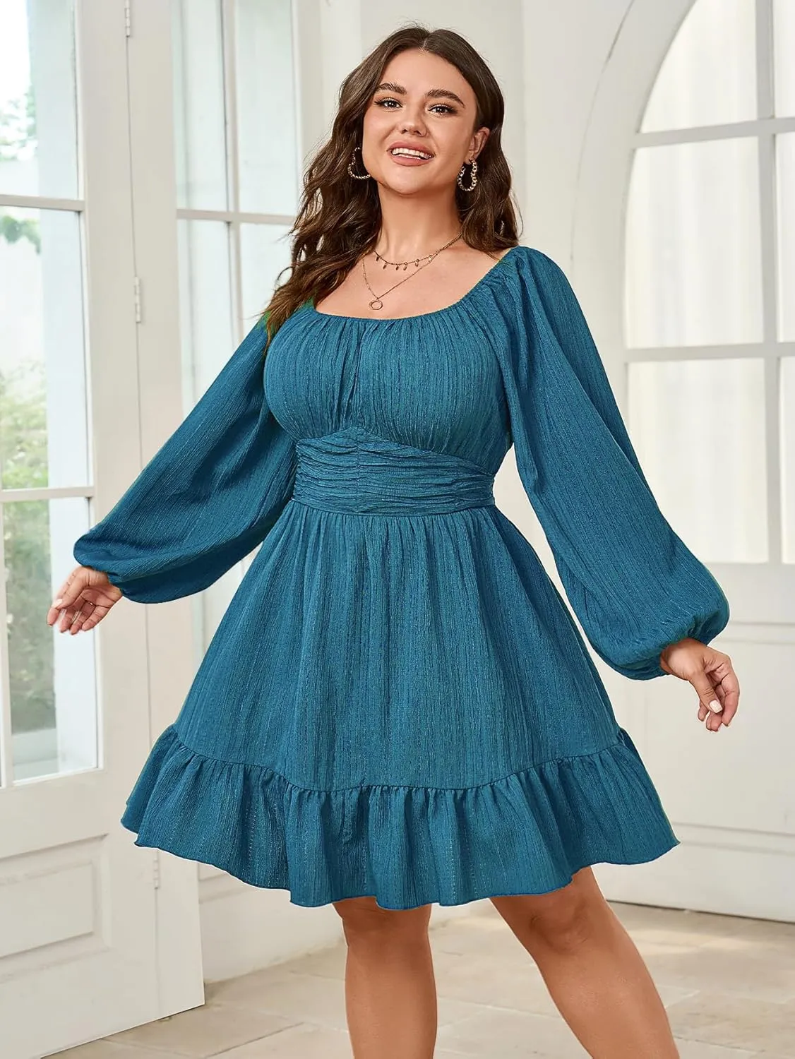 Womens Plus Size Dress Casual Long Lantern Sleeve Square Neck Textured Ruffle Flowy Ruched A-Line Mini Dresses for Women