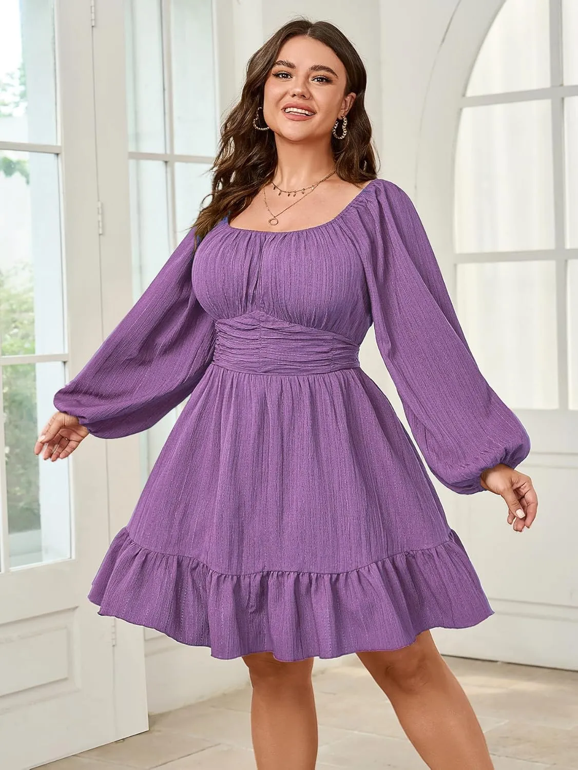 Womens Plus Size Dress Casual Long Lantern Sleeve Square Neck Textured Ruffle Flowy Ruched A-Line Mini Dresses for Women