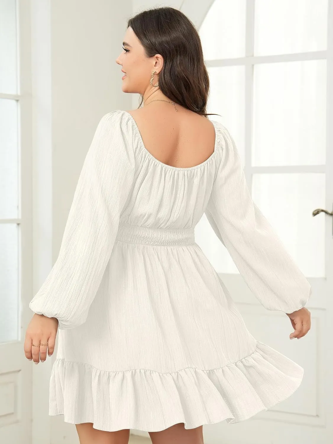 Womens Plus Size Dress Casual Long Lantern Sleeve Square Neck Textured Ruffle Flowy Ruched A-Line Mini Dresses for Women
