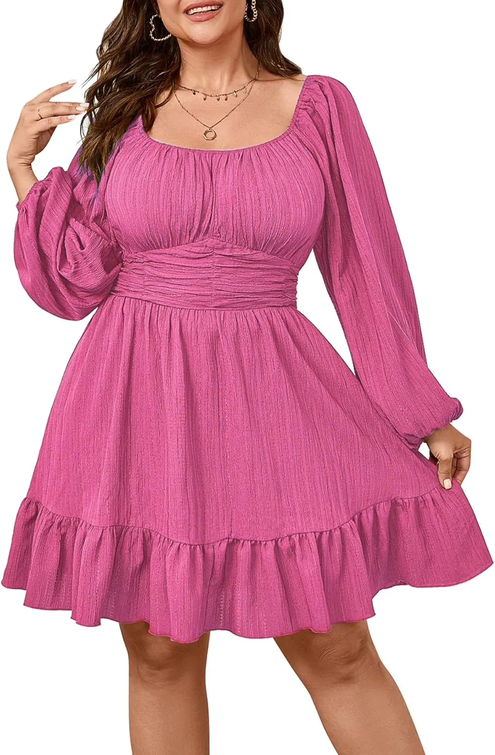 Womens Plus Size Dress Casual Long Lantern Sleeve Square Neck Textured Ruffle Flowy Ruched A-Line Mini Dresses for Women