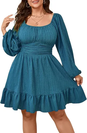 Womens Plus Size Dress Casual Long Lantern Sleeve Square Neck Textured Ruffle Flowy Ruched A-Line Mini Dresses for Women