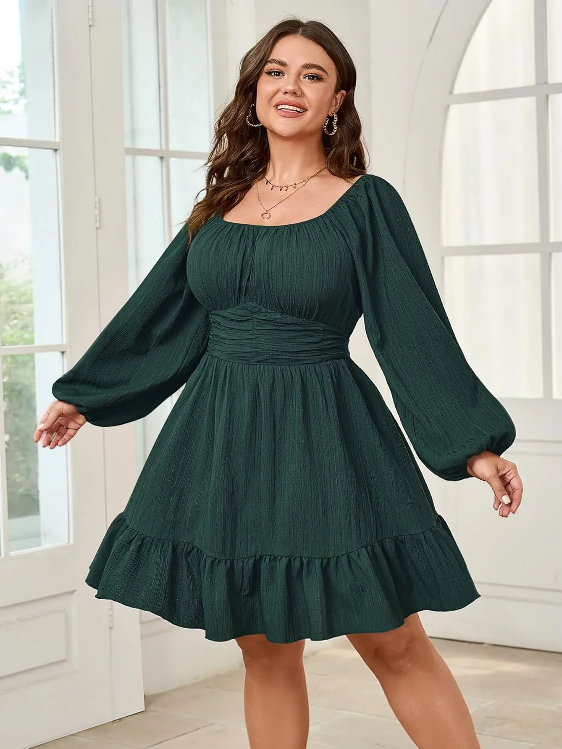 Womens Plus Size Dress Casual Long Lantern Sleeve Square Neck Textured Ruffle Flowy Ruched A-Line Mini Dresses for Women