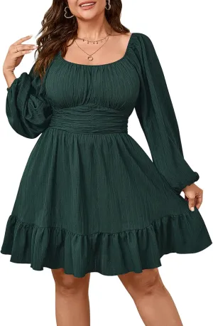 Womens Plus Size Dress Casual Long Lantern Sleeve Square Neck Textured Ruffle Flowy Ruched A-Line Mini Dresses for Women