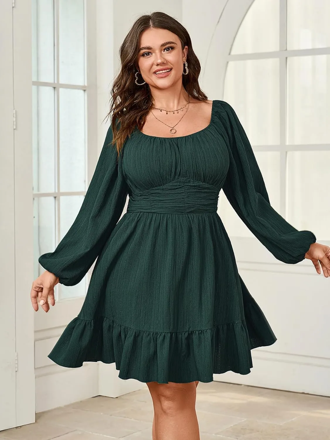 Womens Plus Size Dress Casual Long Lantern Sleeve Square Neck Textured Ruffle Flowy Ruched A-Line Mini Dresses for Women