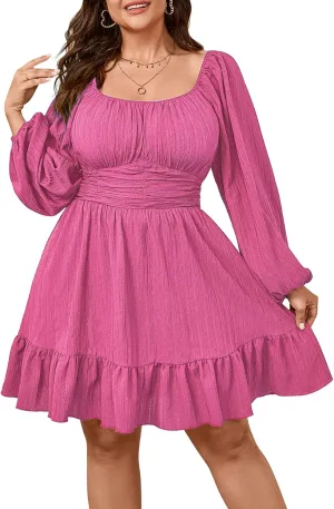 Womens Plus Size Dress Casual Long Lantern Sleeve Square Neck Textured Ruffle Flowy Ruched A-Line Mini Dresses for Women