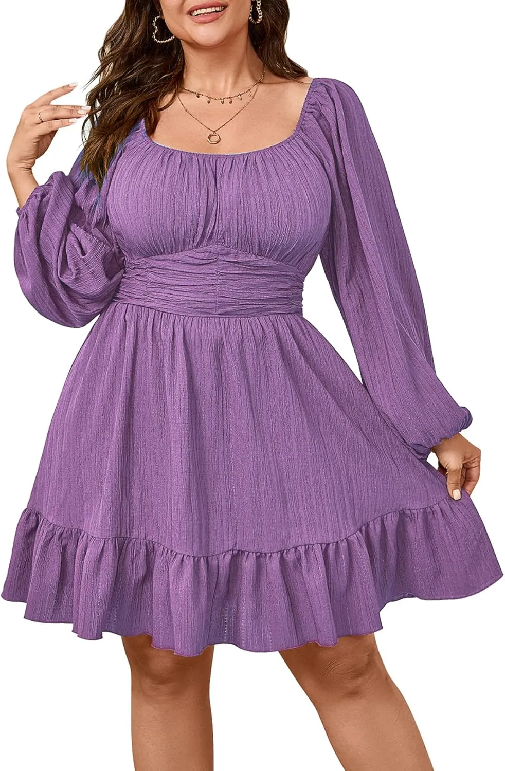 Womens Plus Size Dress Casual Long Lantern Sleeve Square Neck Textured Ruffle Flowy Ruched A-Line Mini Dresses for Women