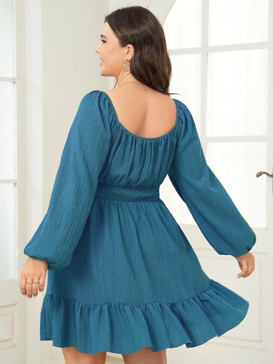 Womens Plus Size Dress Casual Long Lantern Sleeve Square Neck Textured Ruffle Flowy Ruched A-Line Mini Dresses for Women