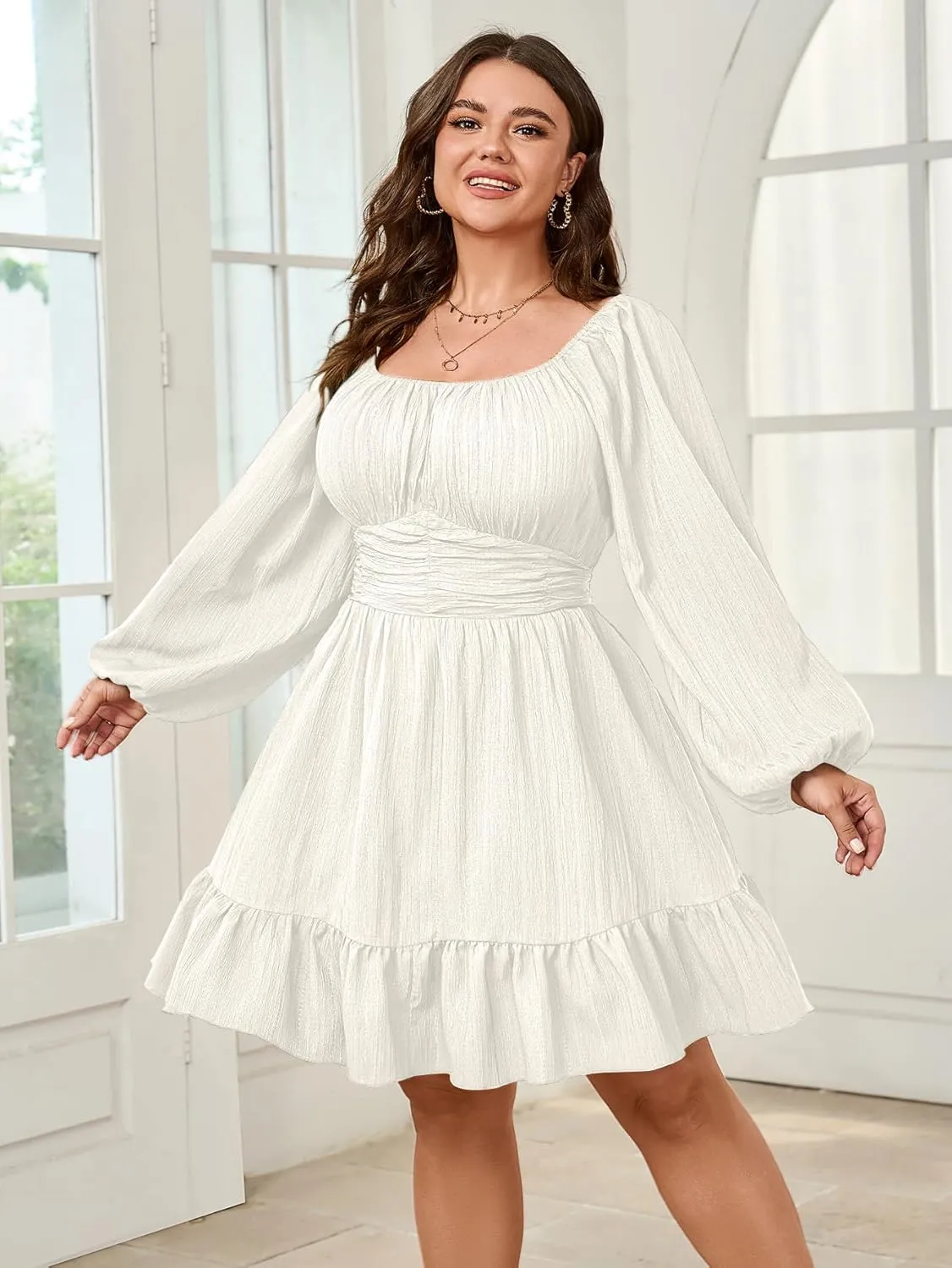 Womens Plus Size Dress Casual Long Lantern Sleeve Square Neck Textured Ruffle Flowy Ruched A-Line Mini Dresses for Women