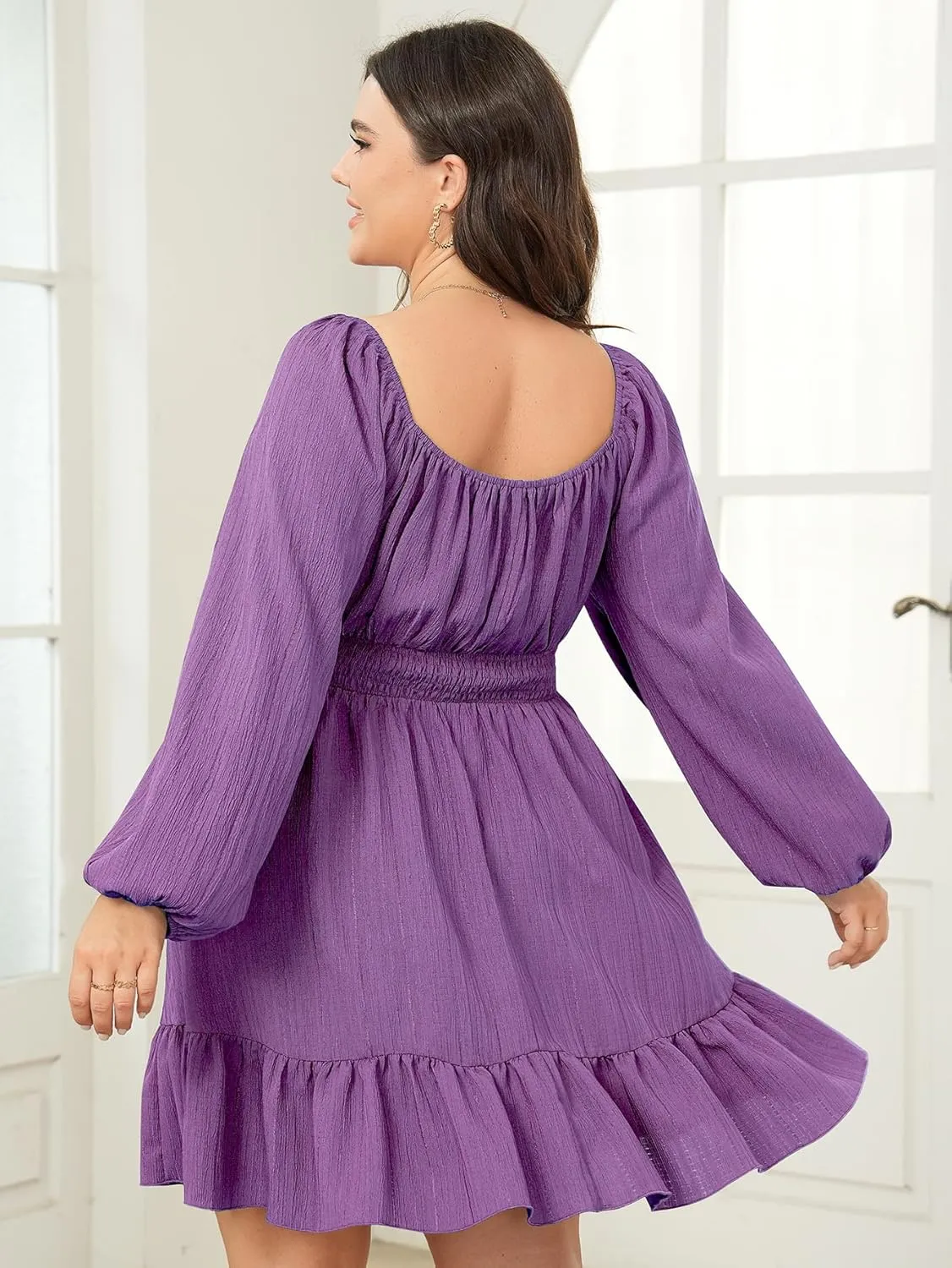 Womens Plus Size Dress Casual Long Lantern Sleeve Square Neck Textured Ruffle Flowy Ruched A-Line Mini Dresses for Women