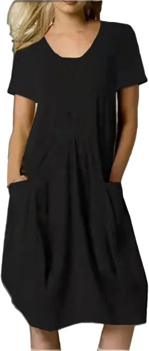 Women's Plus Size Linen Dress Casual Crew Neck Short Sleeve Midi Dress Summer Loose Solid Color Dresses with Pockets