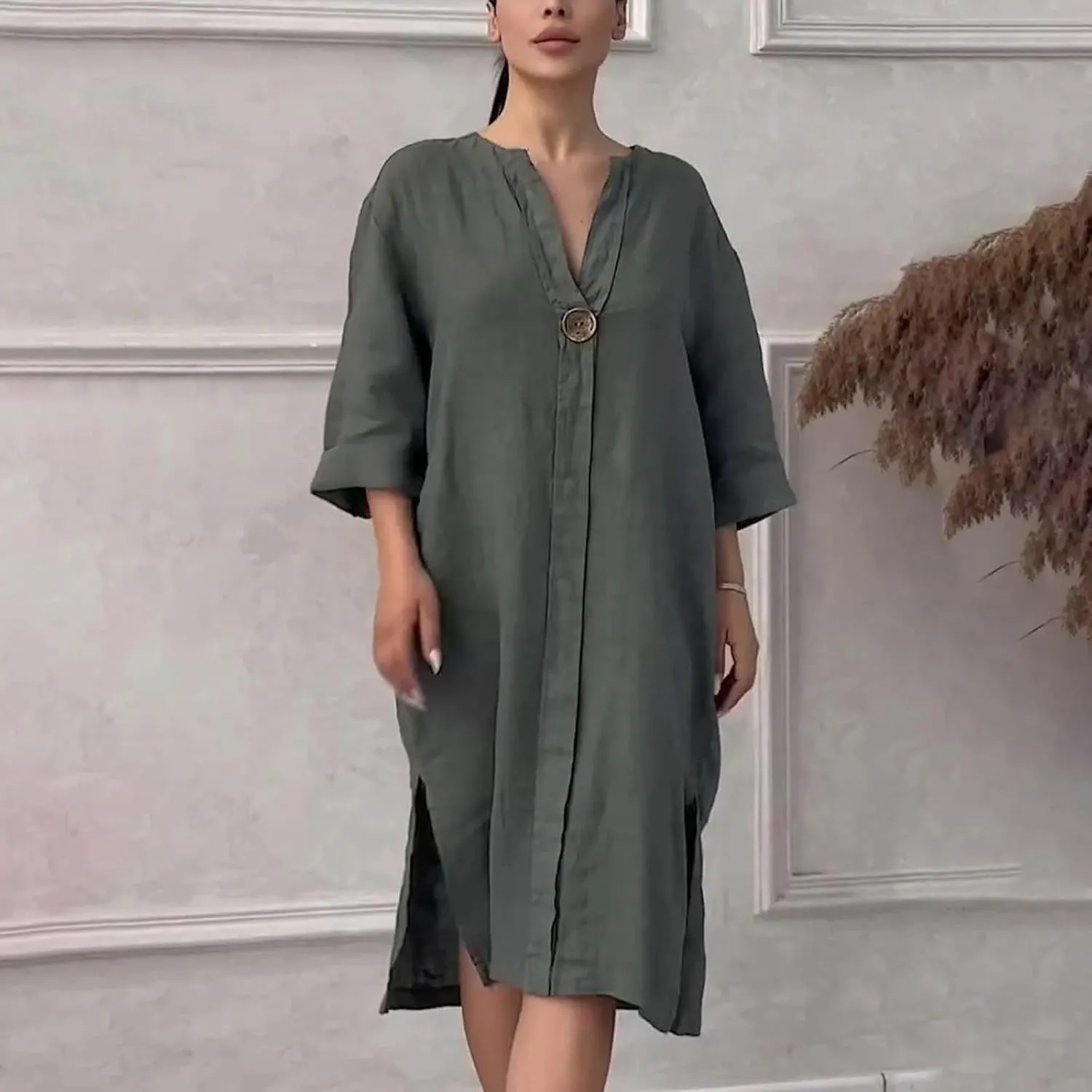 Womens Plus Size Linen Midi Dresses Summer Spring Long Sleeve Casual Button Elegant Formal Knee Length Dress
