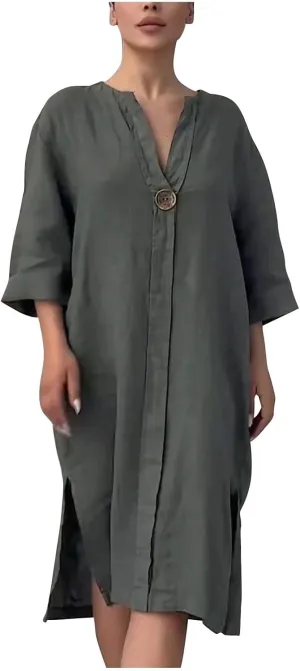 Womens Plus Size Linen Midi Dresses Summer Spring Long Sleeve Casual Button Elegant Formal Knee Length Dress