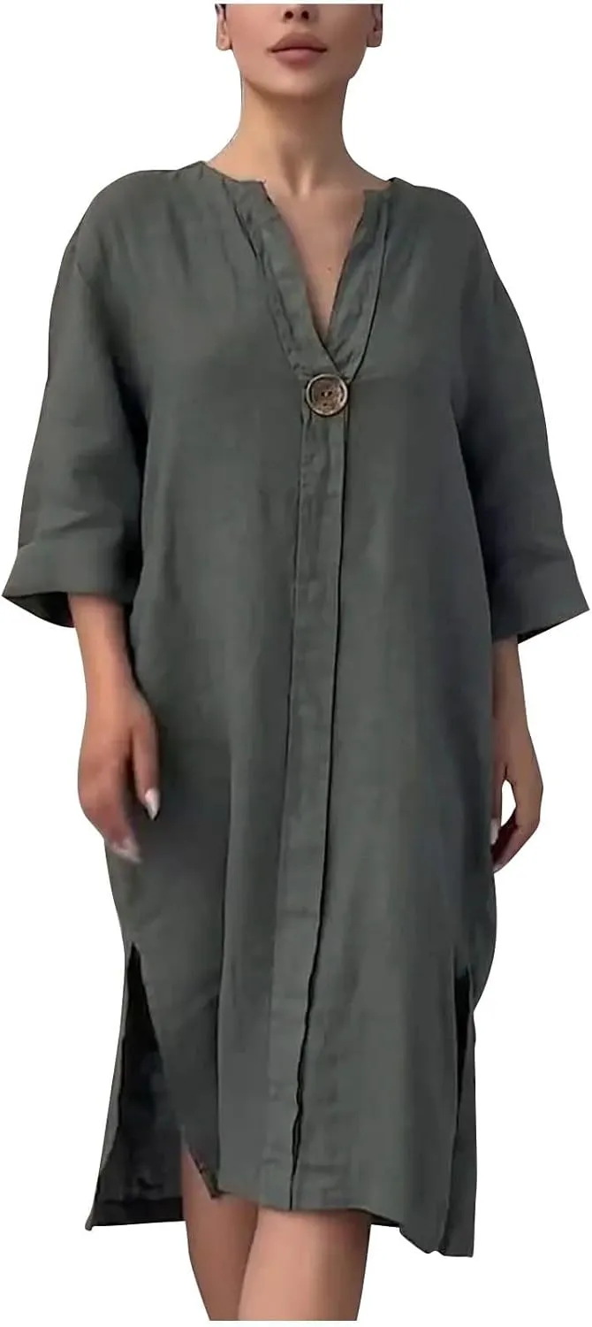 Womens Plus Size Linen Midi Dresses Summer Spring Long Sleeve Casual Button Elegant Formal Knee Length Dress