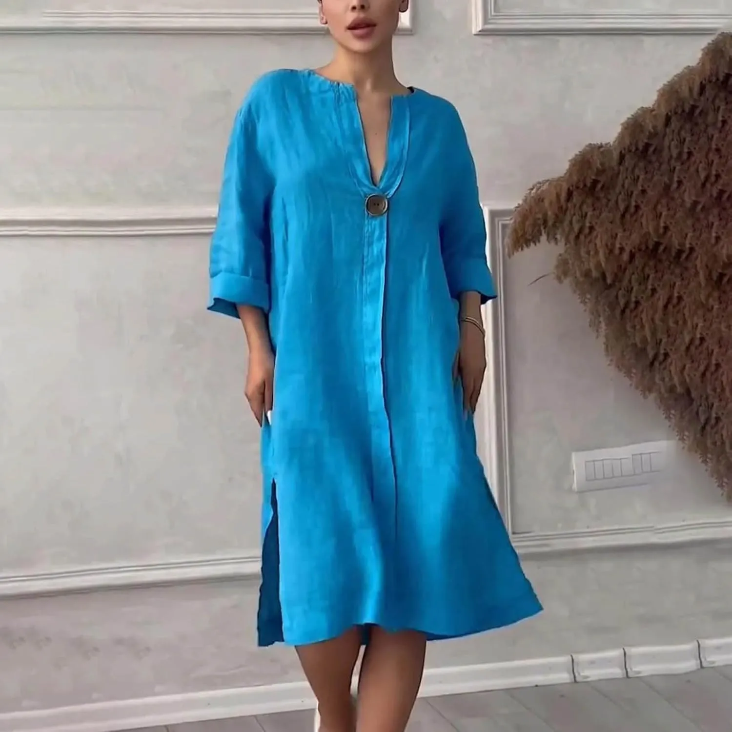 Womens Plus Size Linen Midi Dresses Summer Spring Long Sleeve Casual Button Elegant Formal Knee Length Dress