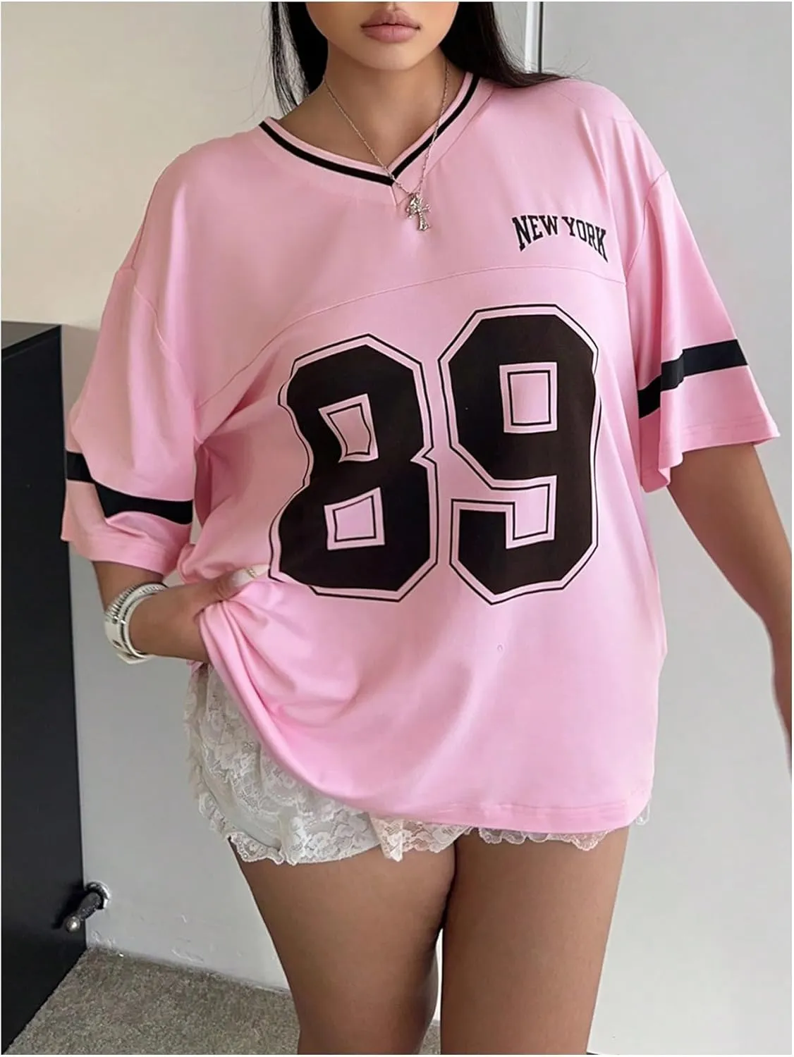 Women's Plus Size Number Graphic T Shirt Short Sleeve V Neck Oversized Summer Jersey Tee Tops