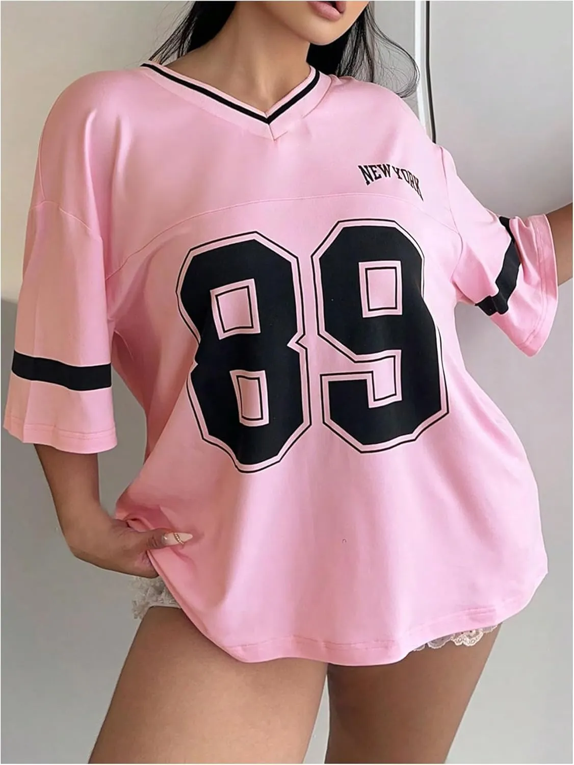 Women's Plus Size Number Graphic T Shirt Short Sleeve V Neck Oversized Summer Jersey Tee Tops