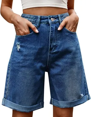 Women's Ripped Jean Bermuda Shorts Summer Vintage Wide Leg Jean Shorts High Waisted Casual Denim Short Knee Length