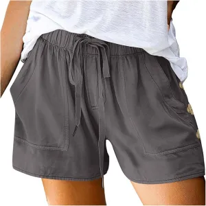 Womens Shorts Comfy Drawstring High Waist Cotton Shorts Solid Lounge Summer Beach Trouser Short with Button Pockets