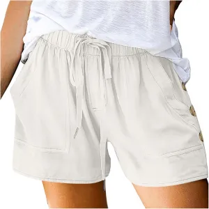Womens Shorts Comfy Drawstring High Waist Cotton Shorts Solid Lounge Summer Beach Trouser Short with Button Pockets