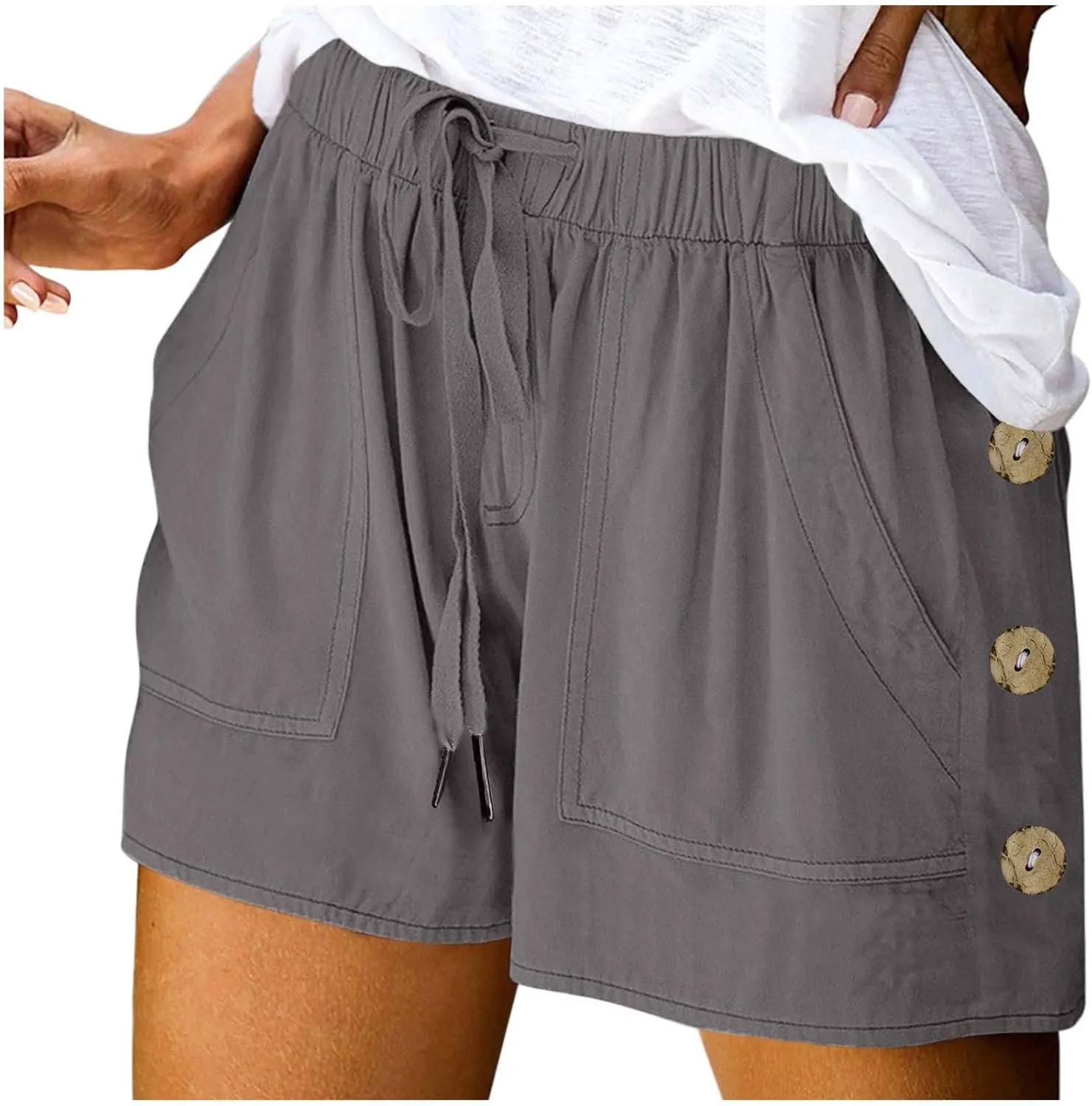 Womens Shorts Comfy Drawstring High Waist Cotton Shorts Solid Lounge Summer Beach Trouser Short with Button Pockets