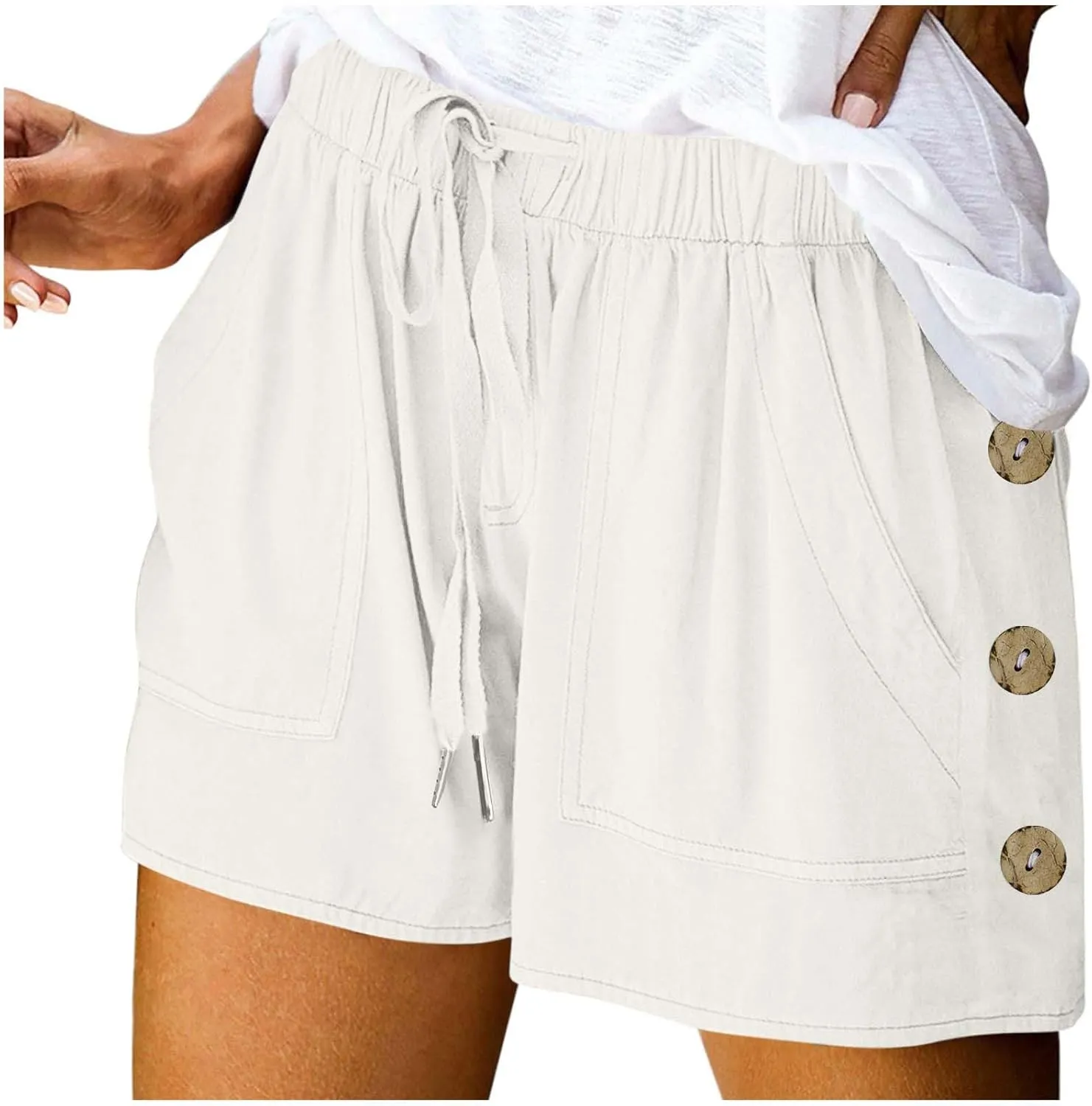 Womens Shorts Comfy Drawstring High Waist Cotton Shorts Solid Lounge Summer Beach Trouser Short with Button Pockets