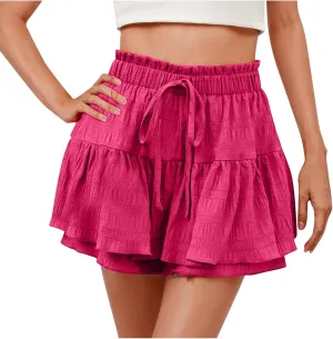 Womens Shorts Trendy Ruffle Hem Tiered Flowy Skorts High Waisted Drawstring Casual Summer Tennis Skirt Shorts 2025
