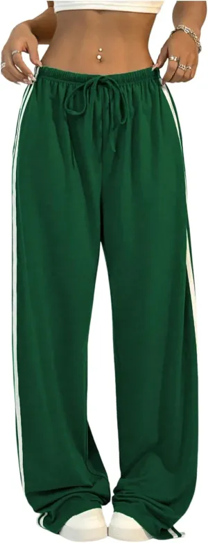 Women's Side Striped Pant Baggy Wide Leg Sweatpants Drawstring Low Waisted Slit Track Pants Streetwear Joggers