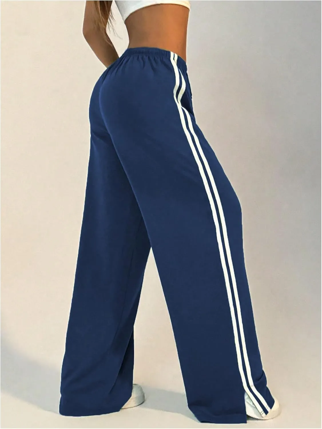 Women's Side Striped Pant Baggy Wide Leg Sweatpants Drawstring Low Waisted Slit Track Pants Streetwear Joggers