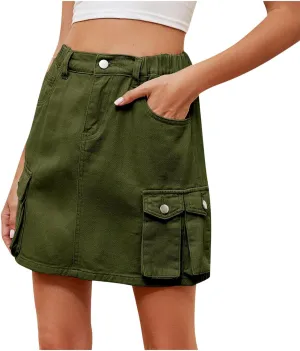 Womens Skirt with Utility Multi Pockets High Waist Cargo Pants Solid Color Knee-Length Denim Shorts Outdoor