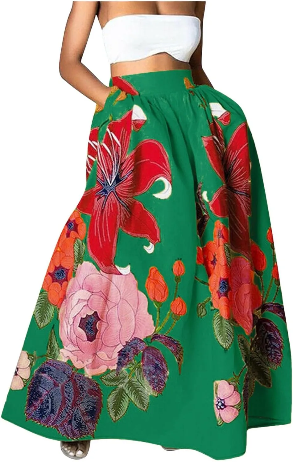 Women's Skirts Boho Maxi Skirt Fashion Loose Floral Printed Colorful Skirt High Waist Beach Maxi Trendy Skirt with Pocket