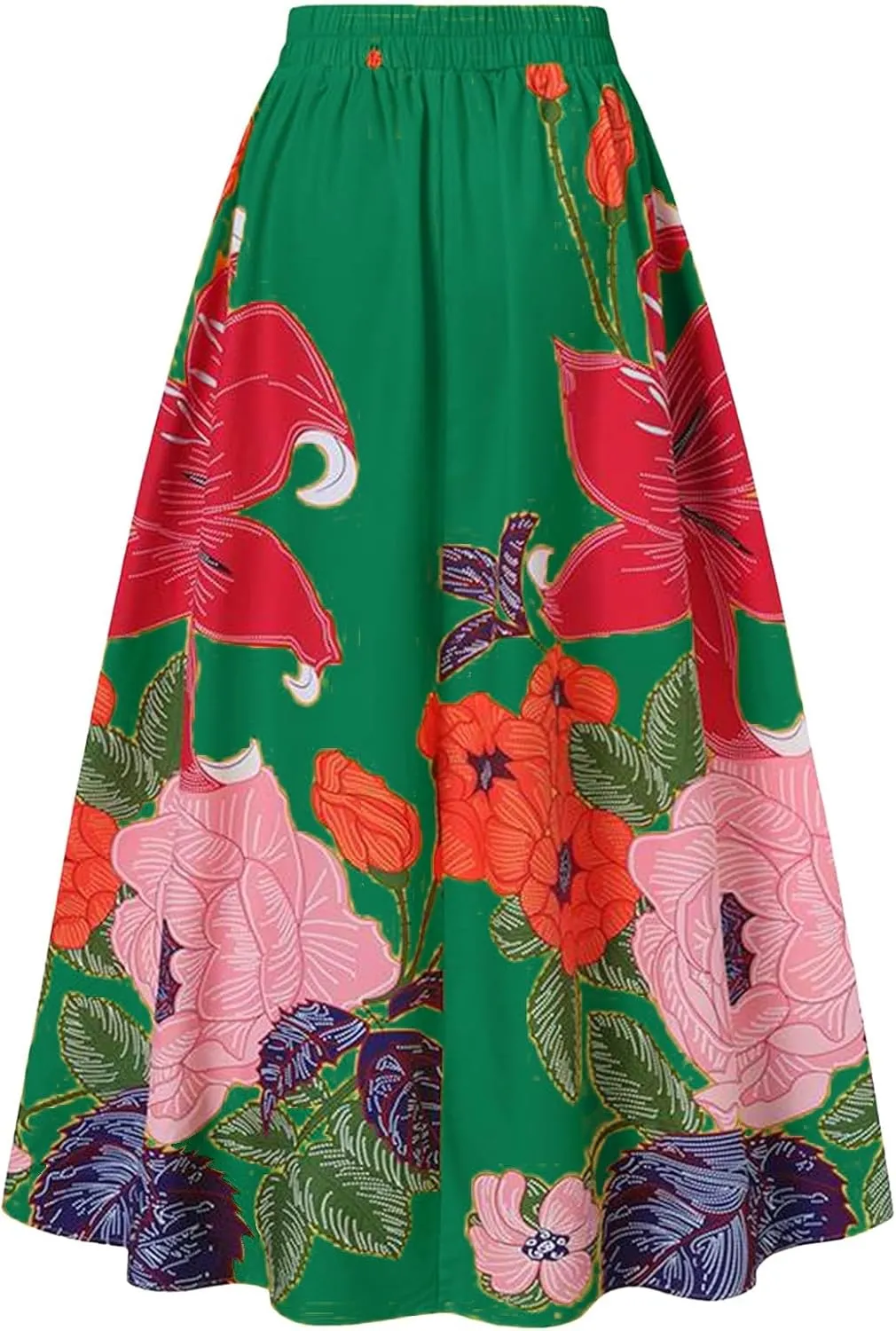 Women's Skirts Boho Maxi Skirt Fashion Loose Floral Printed Colorful Skirt High Waist Beach Maxi Trendy Skirt with Pocket