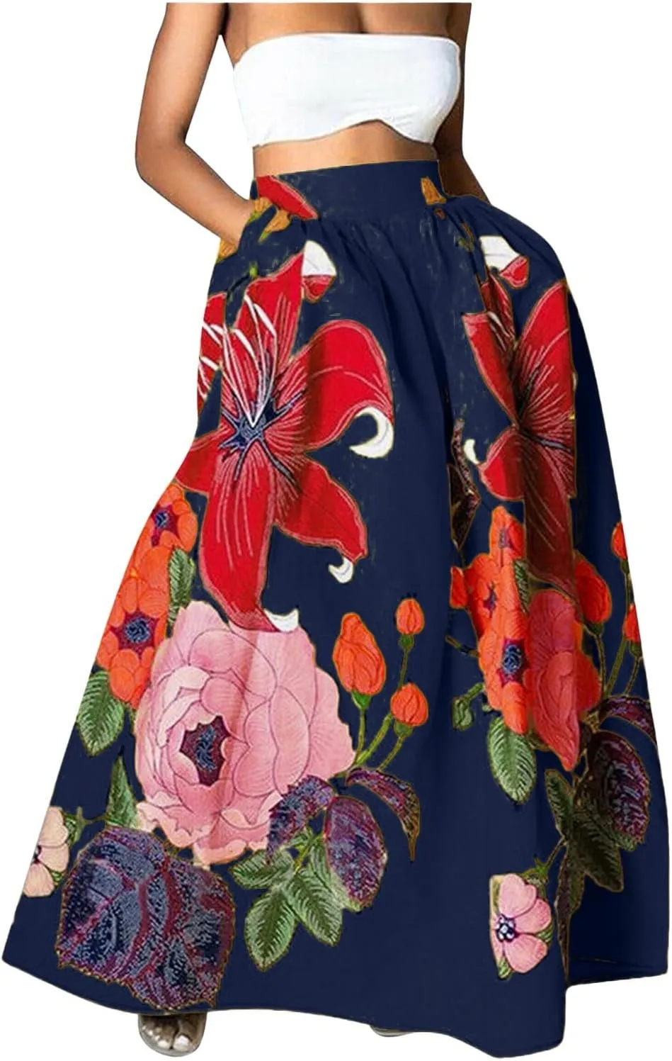 Women's Skirts Boho Maxi Skirt Fashion Loose Floral Printed Colorful Skirt High Waist Beach Maxi Trendy Skirt with Pocket