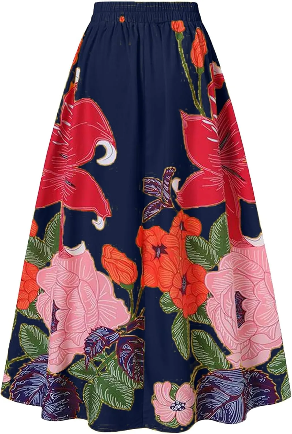 Women's Skirts Boho Maxi Skirt Fashion Loose Floral Printed Colorful Skirt High Waist Beach Maxi Trendy Skirt with Pocket