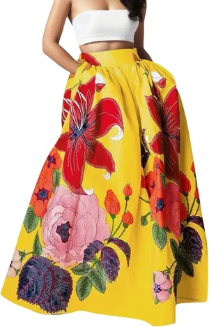 Women's Skirts Boho Maxi Skirt Fashion Loose Floral Printed Colorful Skirt High Waist Beach Maxi Trendy Skirt with Pocket