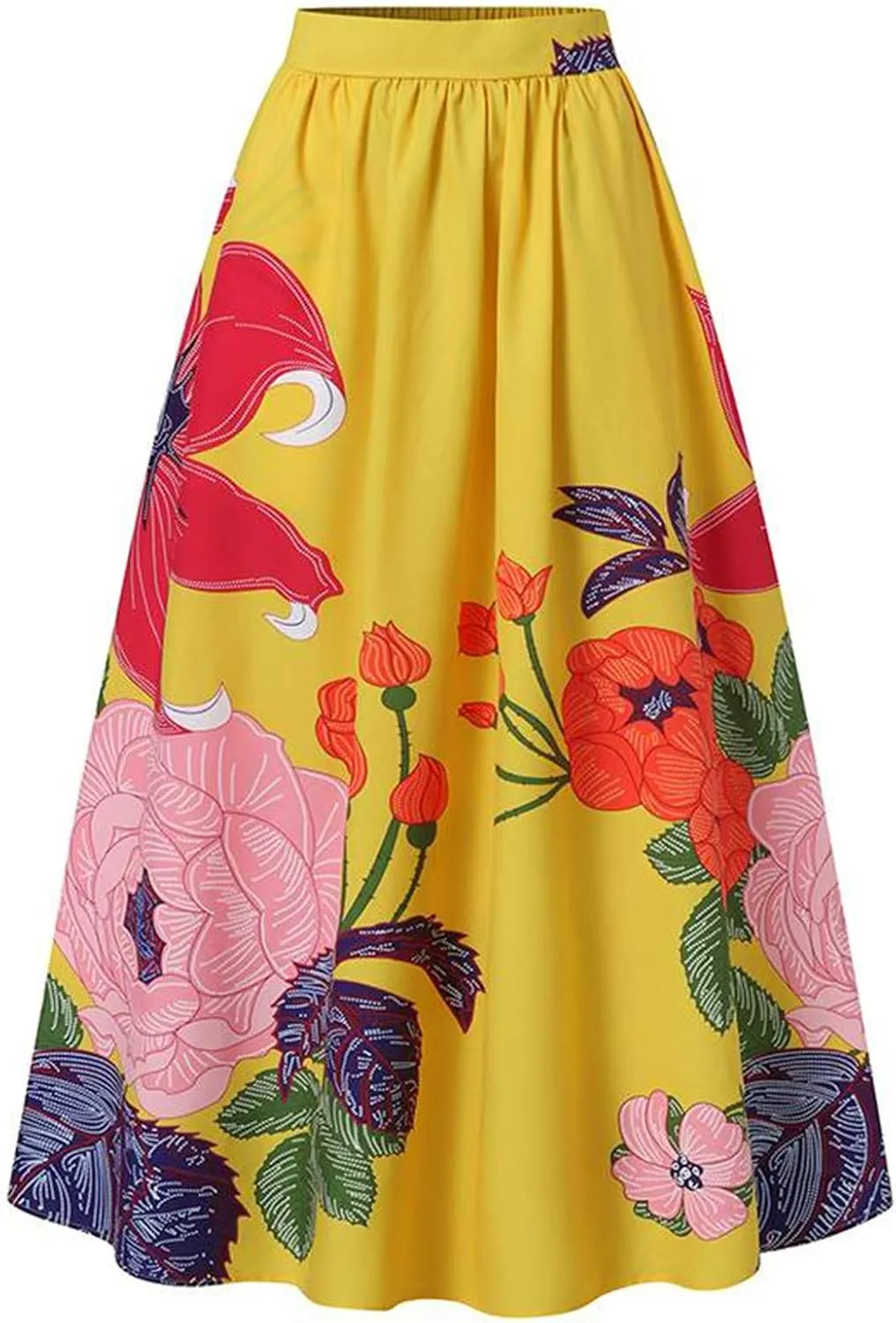 Women's Skirts Boho Maxi Skirt Fashion Loose Floral Printed Colorful Skirt High Waist Beach Maxi Trendy Skirt with Pocket