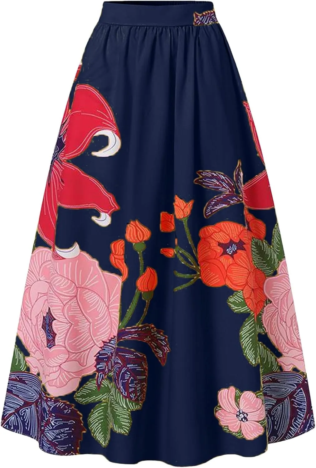 Women's Skirts Boho Maxi Skirt Fashion Loose Floral Printed Colorful Skirt High Waist Beach Maxi Trendy Skirt with Pocket