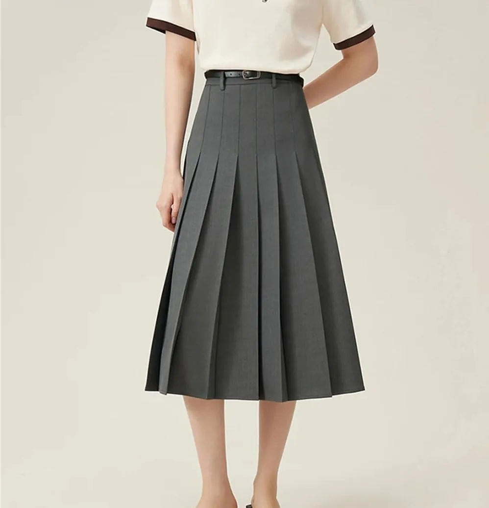 Women's Solid Color Midi Pleated A-Line Skirt Business Casual Office Ladies Zipper-Fly Formal Skirts