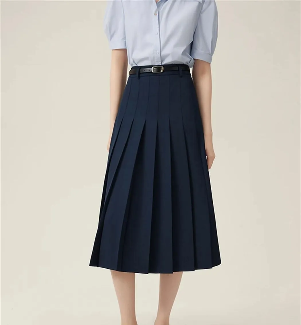 Women's Solid Color Midi Pleated A-Line Skirt Business Casual Office Ladies Zipper-Fly Formal Skirts