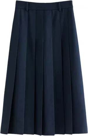 Women's Solid Color Midi Pleated A-Line Skirt Business Casual Office Ladies Zipper-Fly Formal Skirts