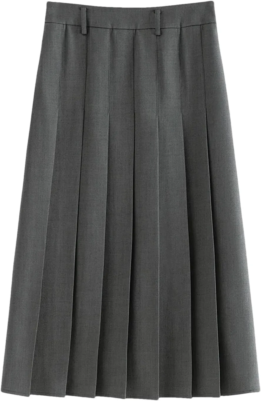 Women's Solid Color Midi Pleated A-Line Skirt Business Casual Office Ladies Zipper-Fly Formal Skirts