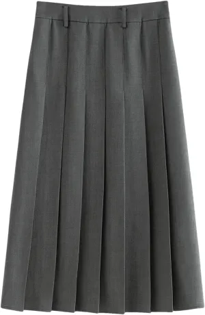 Women's Solid Color Midi Pleated A-Line Skirt Business Casual Office Ladies Zipper-Fly Formal Skirts