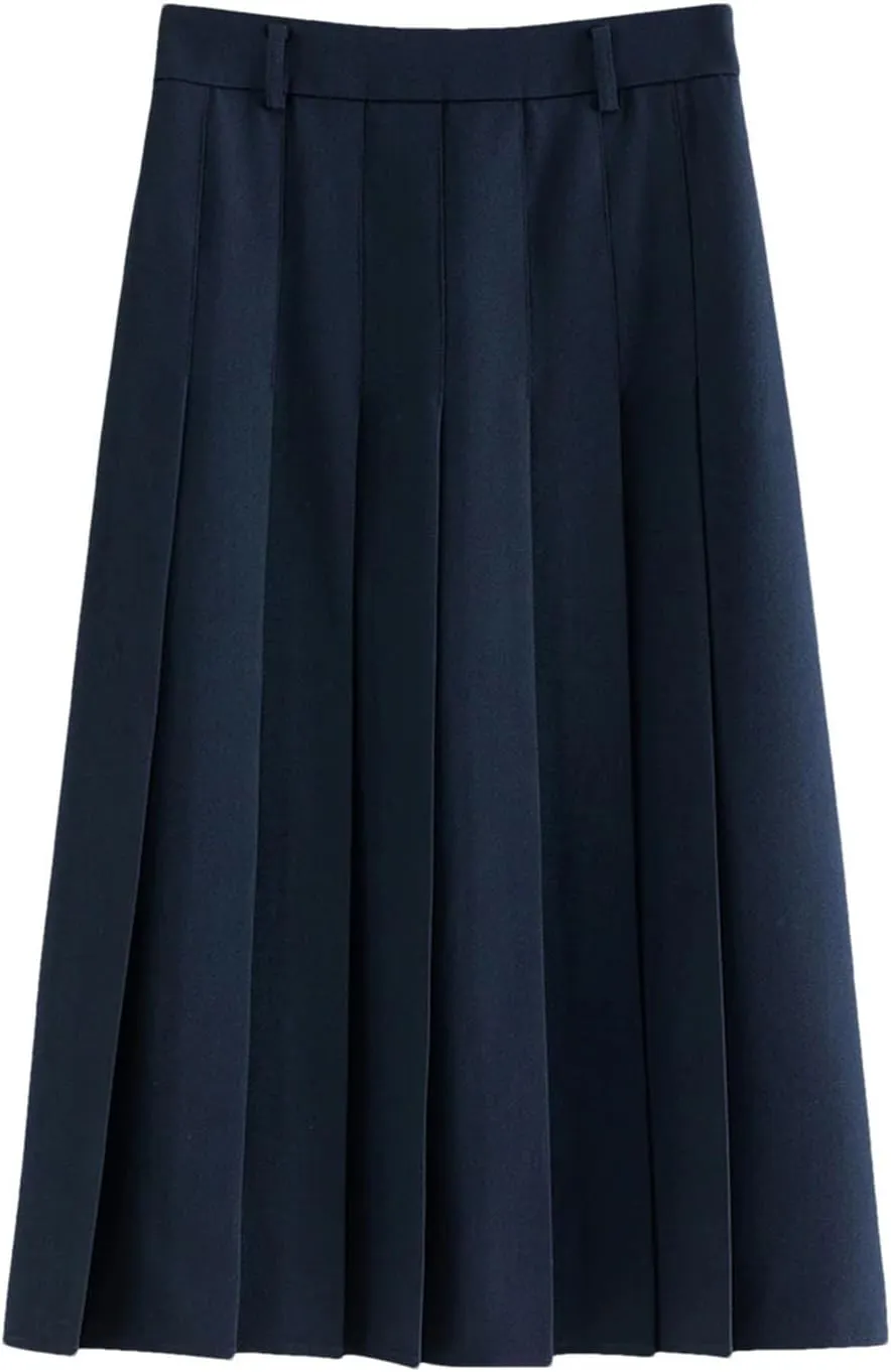 Women's Solid Color Midi Pleated A-Line Skirt Business Casual Office Ladies Zipper-Fly Formal Skirts