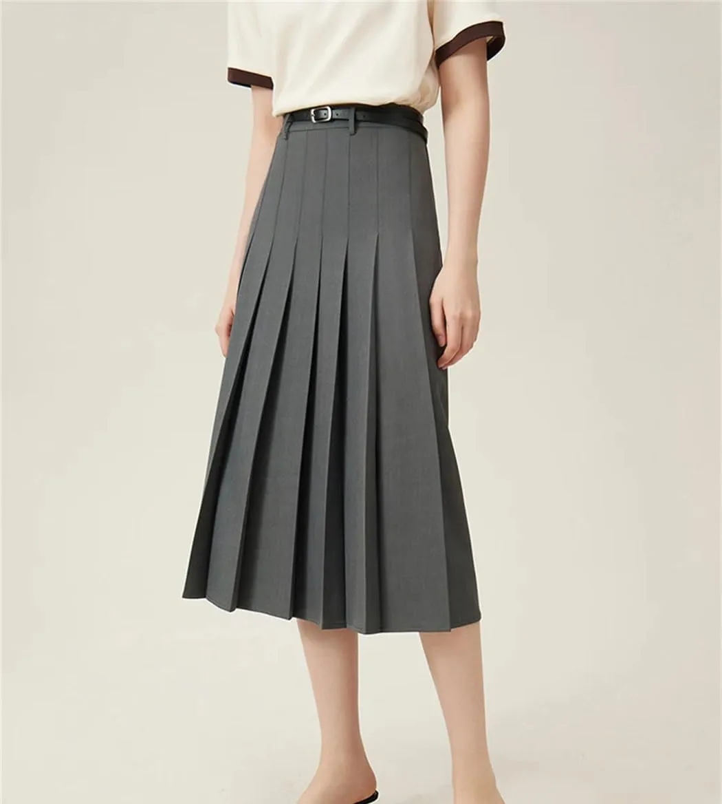 Women's Solid Color Midi Pleated A-Line Skirt Business Casual Office Ladies Zipper-Fly Formal Skirts