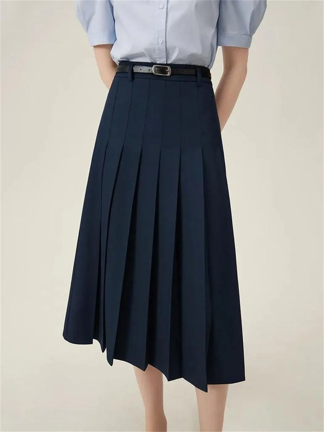 Women's Solid Color Midi Pleated A-Line Skirt Business Casual Office Ladies Zipper-Fly Formal Skirts