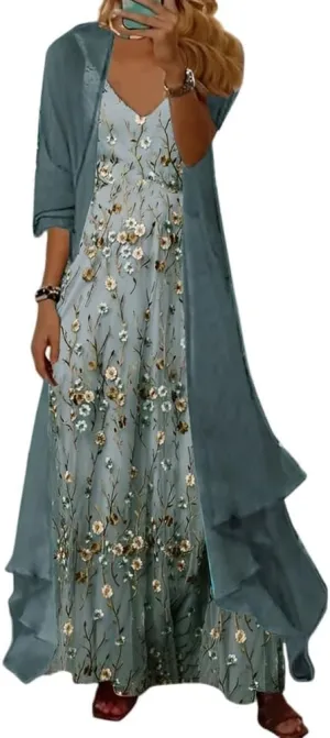 Women's Spring Floral Print Wedding Guest Dress 2 Piece Set with Chiffon Cardigan Elegant Flowy Maxi Dresses