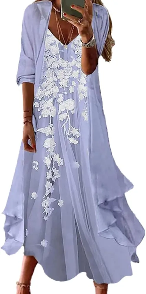 Women's Spring Floral Print Wedding Guest Dress 2 Piece Set with Chiffon Cardigan Elegant Flowy Maxi Dresses