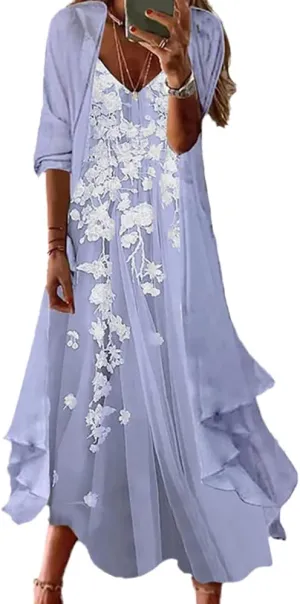 Women's Spring Floral Print Wedding Guest Dress 2 Piece Set with Chiffon Cardigan Elegant Flowy Maxi Dresses