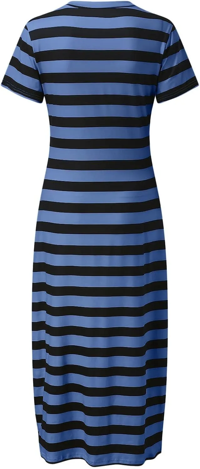 Women's Striped Short Sleeve Tshirt Dress Side Split Casual Midi Dresses Plus Size V Neck Loose Tunic Dress
